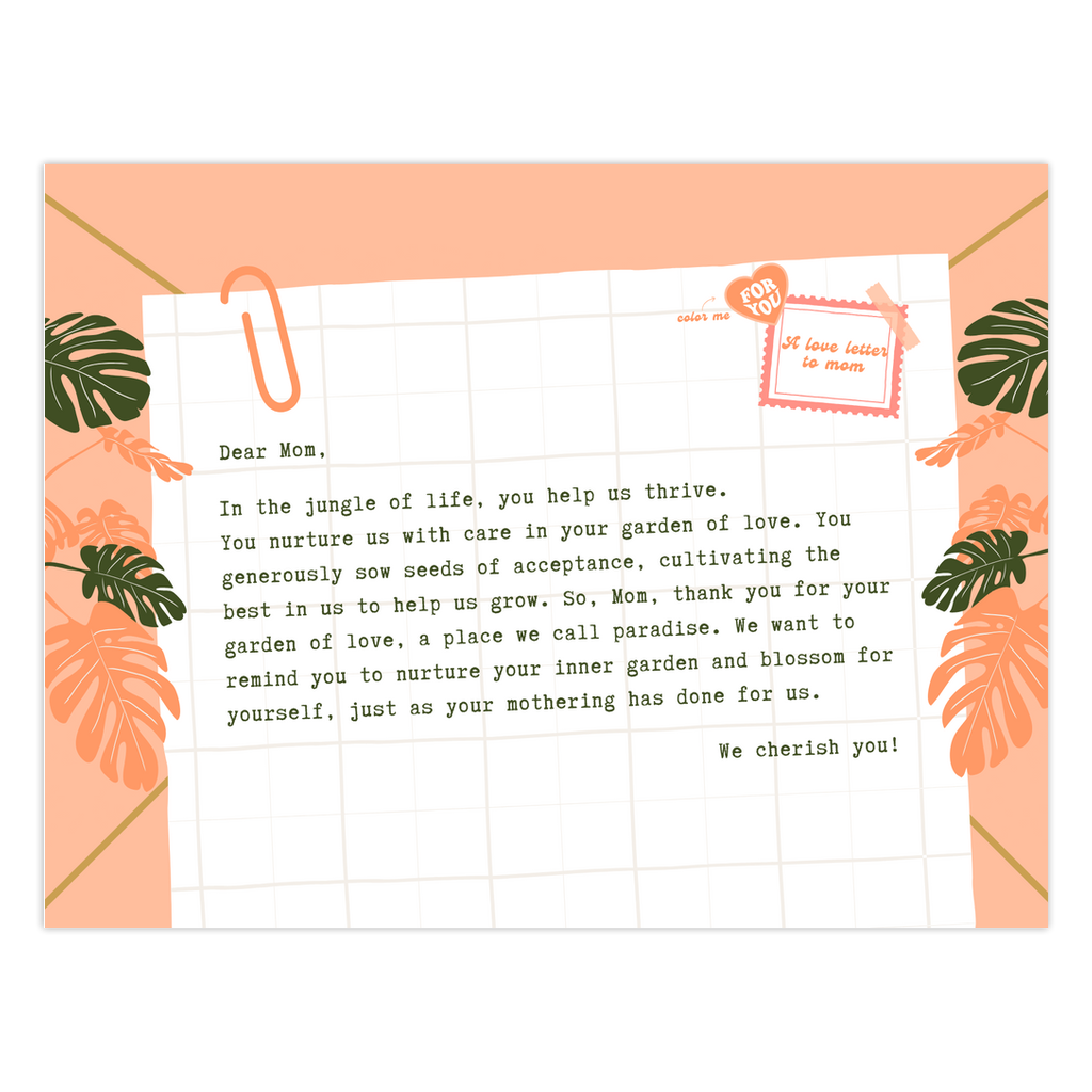 Querida Mamá, Jardín del Amor | Tarjeta de felicitación para colorear y escribir a diario™