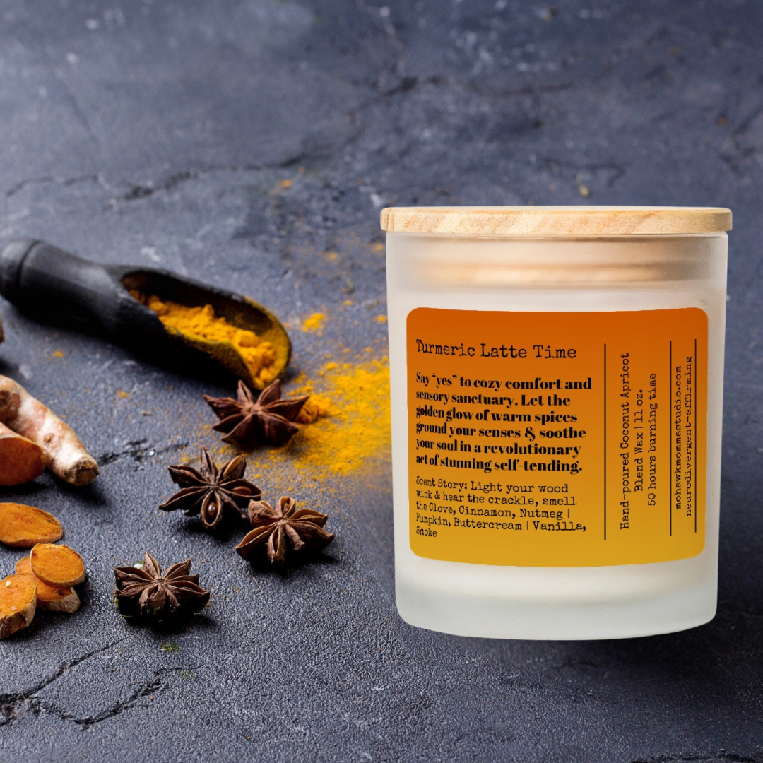 Turmeric Latte Time Fall Spices Frosted Glass Candle - No Dyes | Neurodivergent-affirmation Collection