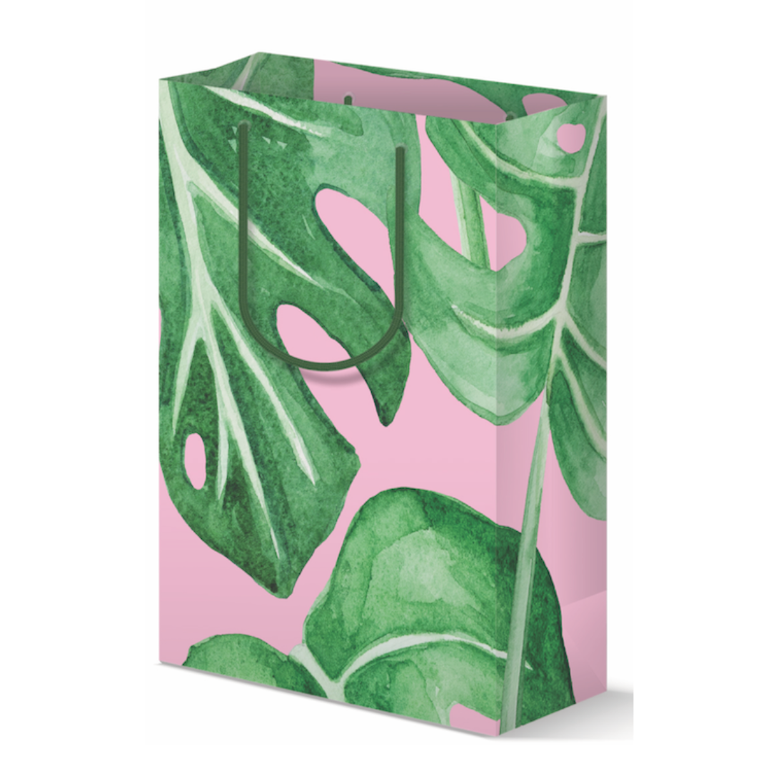Bolsa de regalo Monstera rosa y verde | Bolsa de regalo de papel de lujo de 9,6 x 13 pulgadas