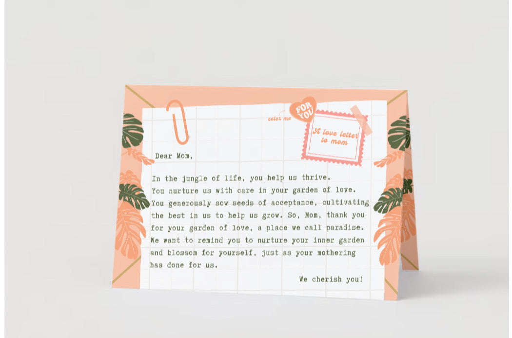 Querida Mamá, Jardín del Amor | Tarjeta de felicitación para colorear y escribir a diario™