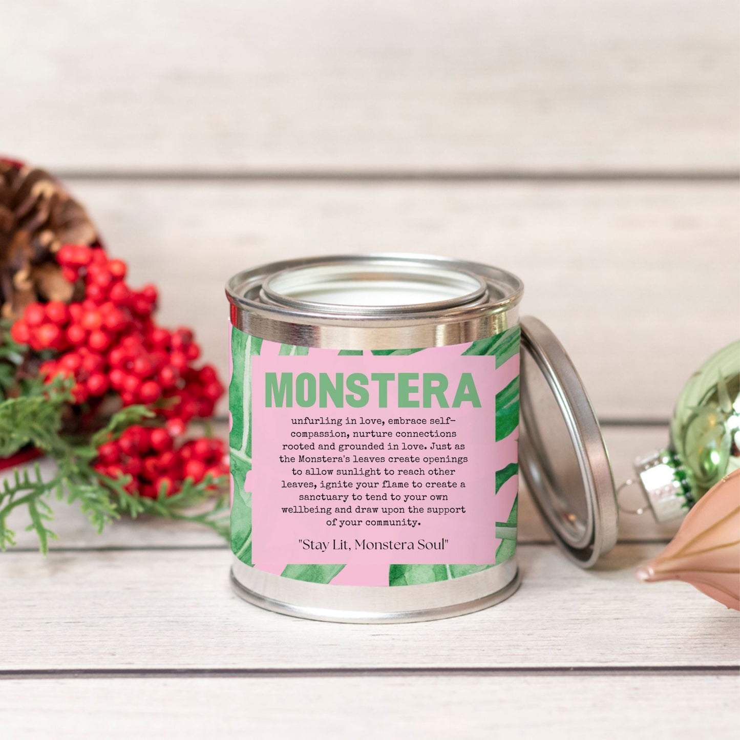 Bougie à mèche en bois Monstera (pot de peinture) - Sans colorants