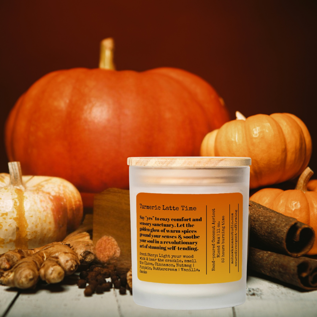 Turmeric Latte Time Fall Spices Frosted Glass Candle - No Dyes | Neurodivergent-affirmation Collection
