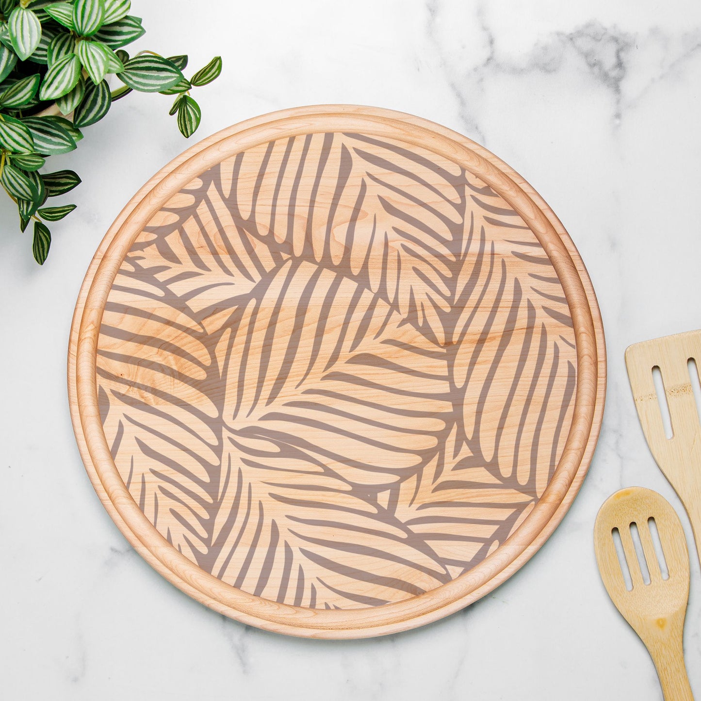 Mocha + Leaves Artisanal Wood Board | Round Charcuterie Board