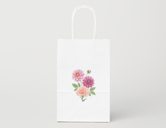 Dahlia + Carnation Bouquet Watercolor Gift Bag | Assorted Sizes | Sustainable Paper Gift Bag